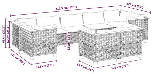 9 részes fekete polyrattan kerti ülőgarnitúra párnákkal