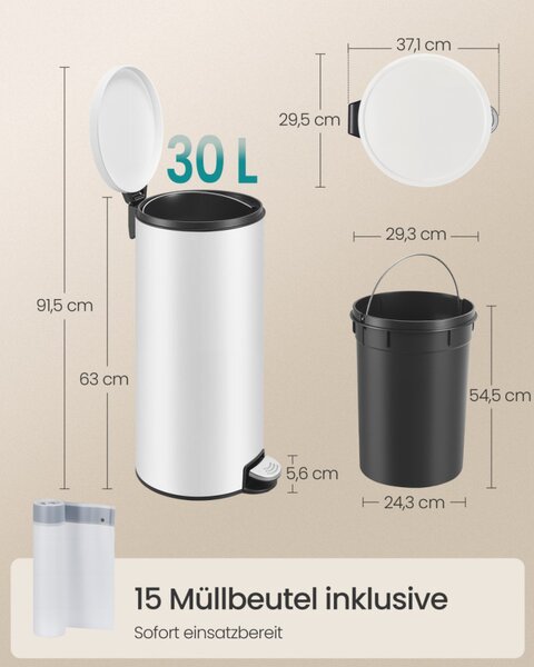 SONGMICS 30L kerek pedálos szemetes acél felhőfehér soft-close fedéllel