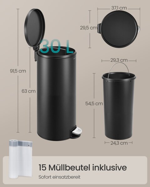 SONGMICS 30L kerek pedálos szemetes acél tintafekete soft-close fedéllel