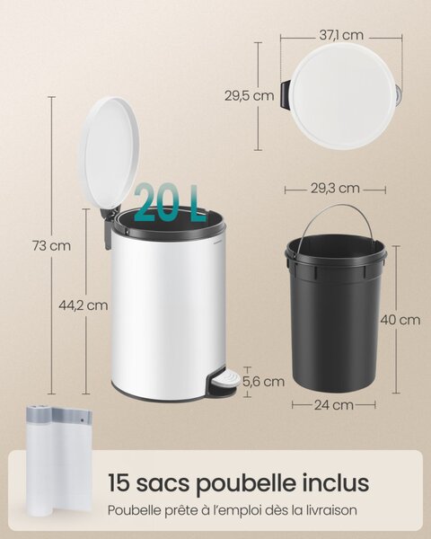 SONGMICS LTB021WZ01 pedálos szemetes acél felhőfehér 20 l
