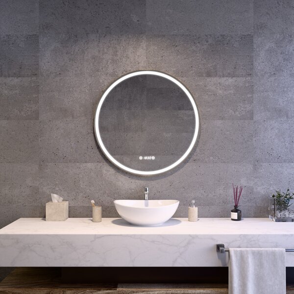Kerek Led tükör arany színű kerettel Ø70cm | Páramentesítő - Óra - Fényerő + színhőfok állítás | Welland G1107