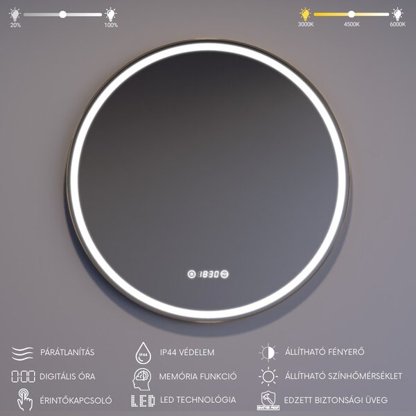 Kerek Led tükör arany színű kerettel Ø70cm | Páramentesítő - Óra - Fényerő + színhőfok állítás | Welland G1107