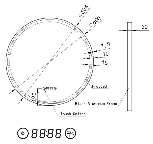 Kerek Led tükör fekete kerettel Ø60cm | Páramentesítő - Óra - Fényerő + színhőfok állítás | Welland G1105