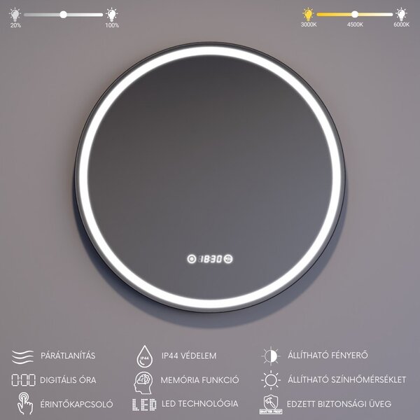 Kerek Led tükör fekete kerettel Ø60cm | Páramentesítő - Óra - Fényerő + színhőfok állítás | Welland G1105