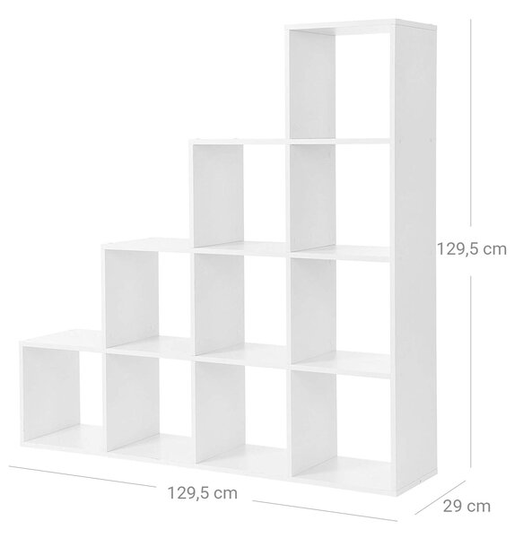 Könyvespolc, 10 kockás polc, 129,5 x 29 x 129,5 cm fehér