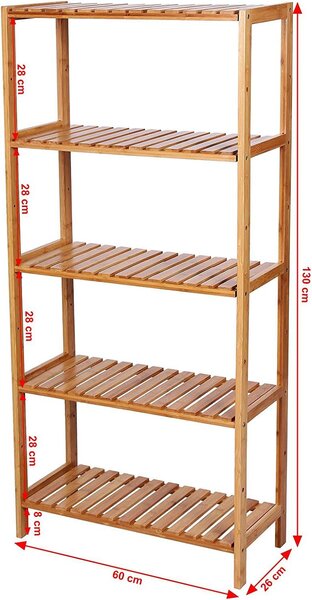 Bambusz polc fürdőszobai, konyhai tároló 5 szintes, natúr 130x26x60cm