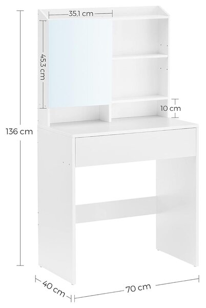 Fésülködőasztal tükörrel, fiókos kozmetikai asztal, fehér