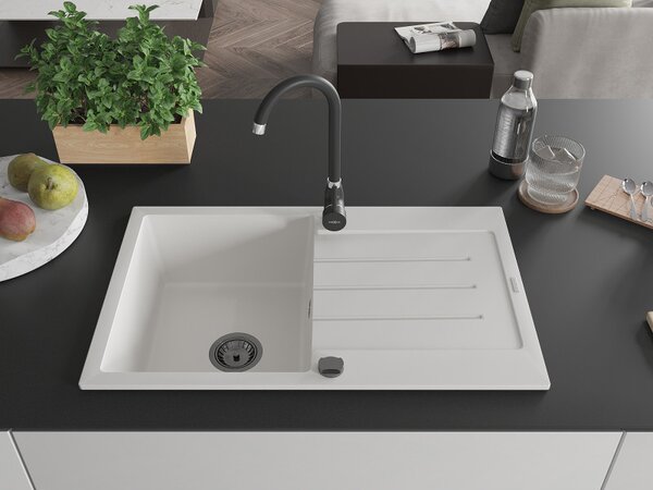 Mexen Bruno, gránit mosogató 795x495x200 mm, 1 kamrás, fehér, fekete szifonnal, 6513791010-20-B