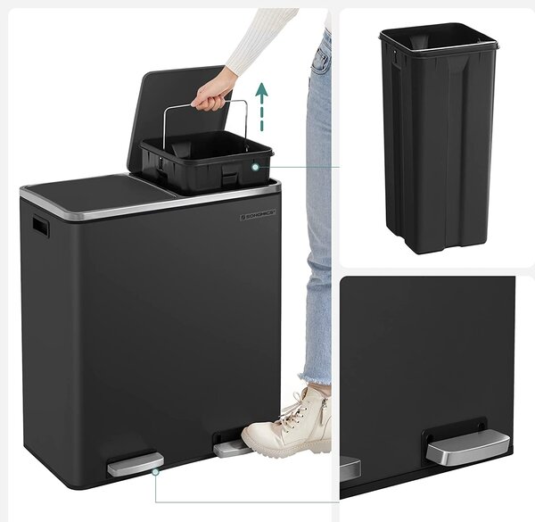 Légmentes fém pedálos dupla szemetes 2 x 30l, 15 szemeteszsákkal, fekete