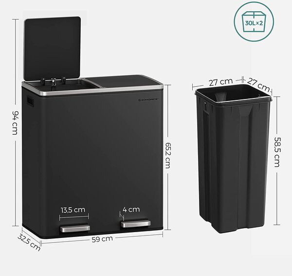 Légmentes fém pedálos dupla szemetes 2 x 30l, 15 szemeteszsákkal, fekete