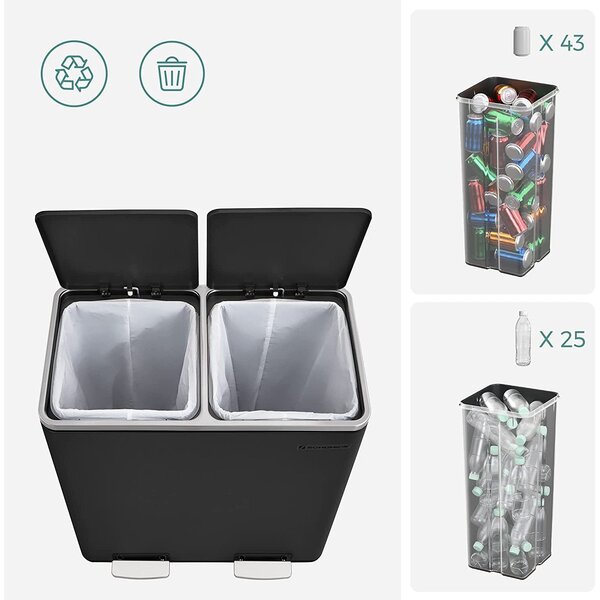 Légmentes fém pedálos dupla szemetes 2 x 30l, 15 szemeteszsákkal, fekete