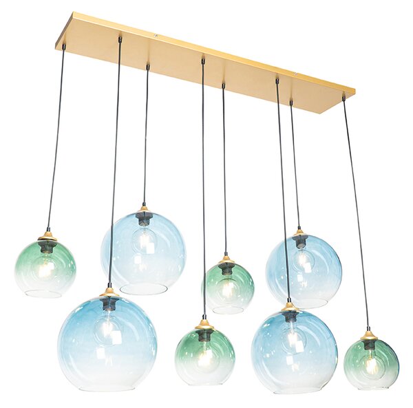 Hanglamp messing met blauw en groen glas 8-lichts - Pallon