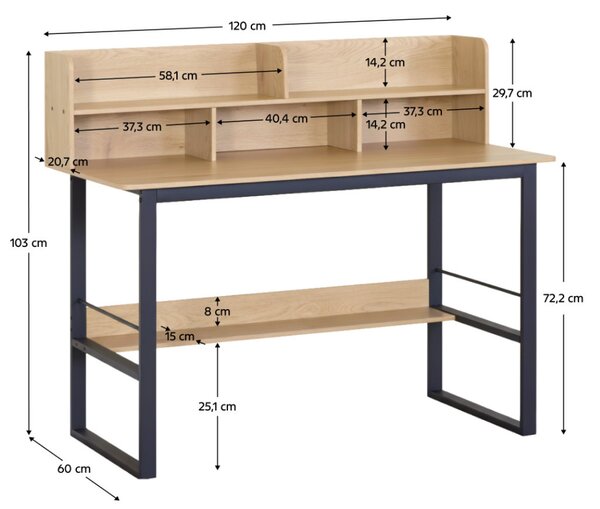 Intenso Home polcos íróasztal / számítógépasztal 120x60cm | Masszív fém váz, fekete - aranytölgy szín
