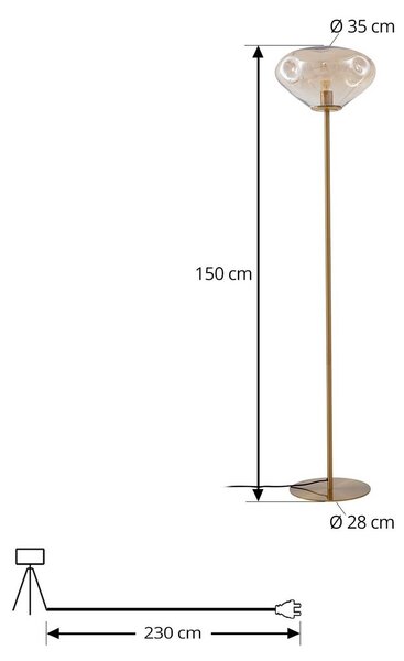 Lindby Lelia álló világítás, borostyán, üveg, fém, 150 cm, Krém / borostyánsárga, Nappali / Étkező, Üveg, Dizájn