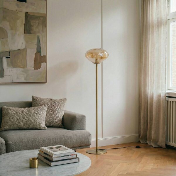 Lindby Lelia álló világítás, borostyán, üveg, fém, 150 cm, Krém / borostyánsárga, Nappali / Étkező, Üveg, Dizájn