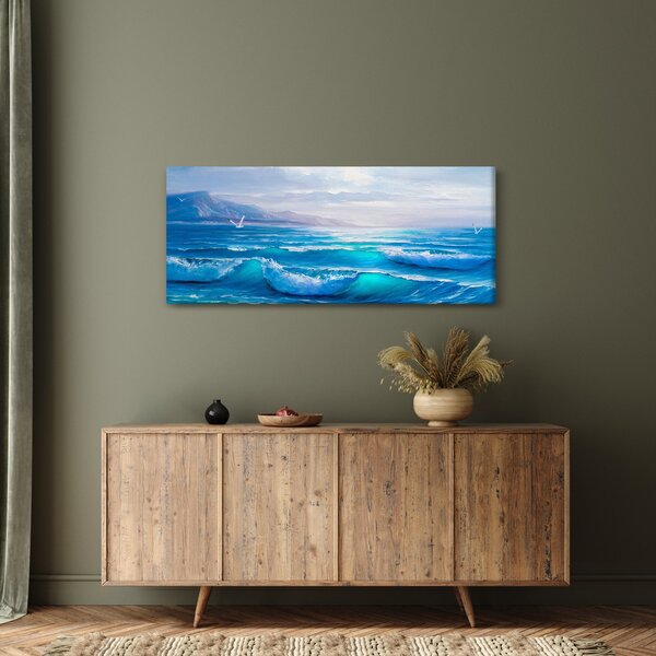 Kép - Olajfestmény a tengerről sirályokkal (120x50 cm)