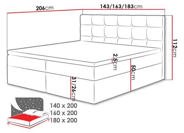 CAROLA boxspring ágy 160x200 - fehér + INGYENES topper