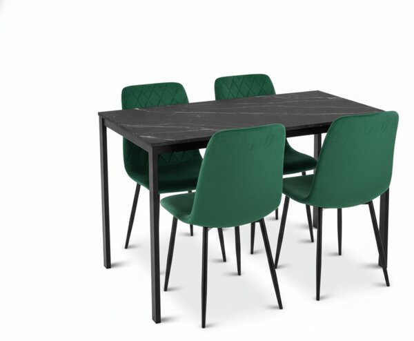 Étkező garnitúra 1 + 4, fekete asztal RAMOD 100x60 cm márvány dekor + zöld TURIN szék fekete lábakkal