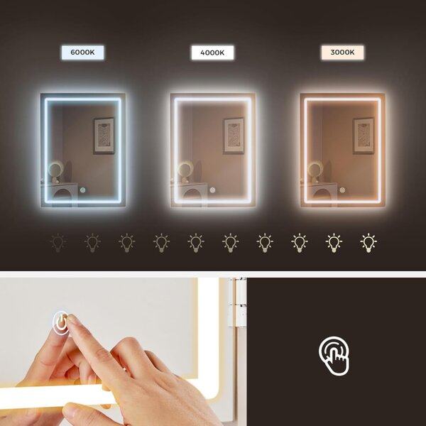 VASAGLE LED világítású fésülködőasztal tükörrel, fiókokkal, nyitott rekeszekkel, állítható polcokkal, zsámollyal, állítható fényerővel, modern, felhőfehér