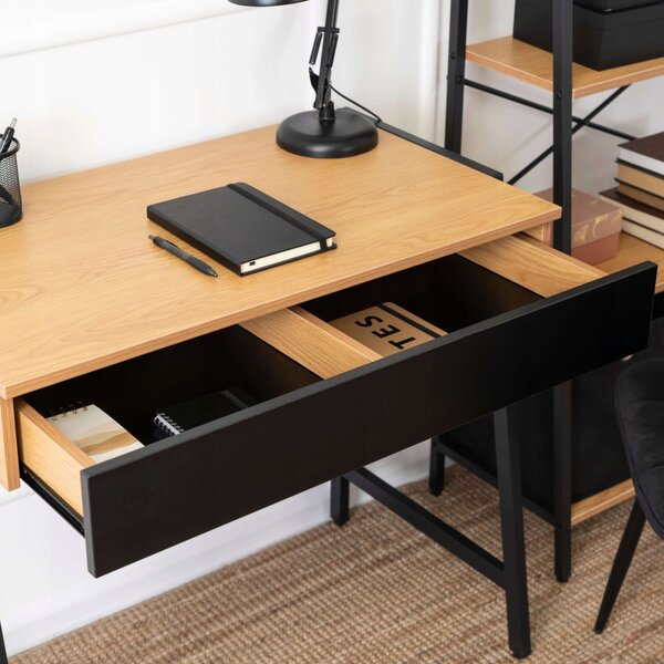 Intenso Home fiókos íróasztal / számítógépasztal 83x48cm | Masszív fém váz, fekete - aranytölgy szín