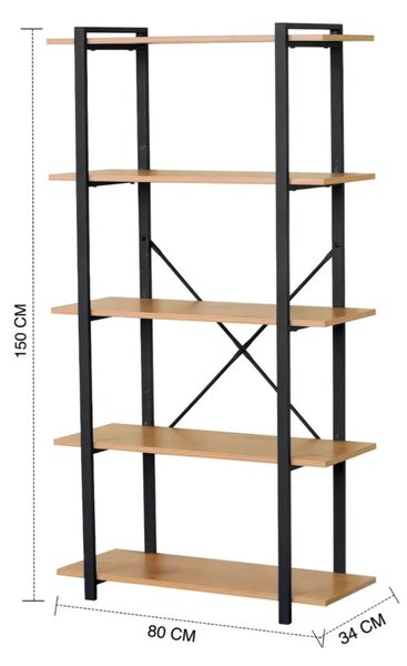 Intenso Home 5 szintes tölgy színű nyitott könyvespolc 80 x 152cm | Univerzális tároló állvány fém lábakkal