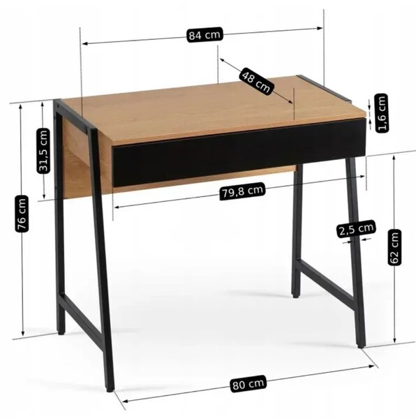 Intenso Home fiókos íróasztal / számítógépasztal 83x48cm | Masszív fém váz, fekete - aranytölgy szín