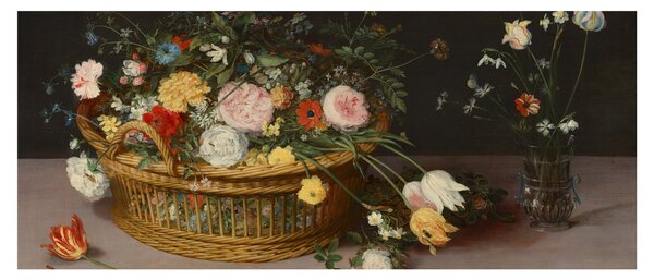 Kép - Jan Brueghel the Elder, Flowers in a Basket and a Vase, reprodukciók (120x50 cm)