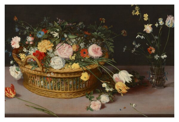 Kép - Jan Brueghel the Elder, Flowers in a Basket and a Vase, reprodukciók (90x60 cm)