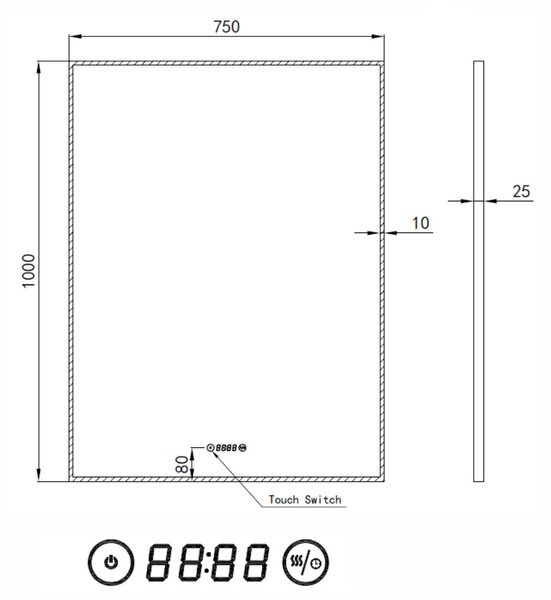 Álló fürdőszobai LED tükör 75x100cm | Páramentesítő funkció - Óra - Fényerő és színhőmérséklet szabályozás | Welland Luxury-Line G772