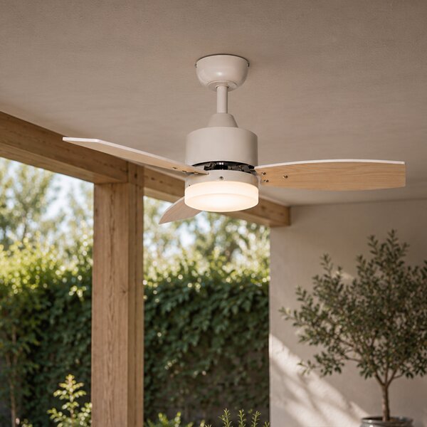 Kültéri mennyezeti ventilátor fehér fa mintával 91,3 cm LED-del, fényerőszabályzóval, távirányítóval IP44 - Toledo