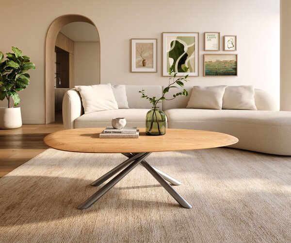 DELIFE Dohányzóasztal Edge ovális 140x75 cm tölgy természetes kerek él Sarity rozsdamentes acél szálcsiszolt