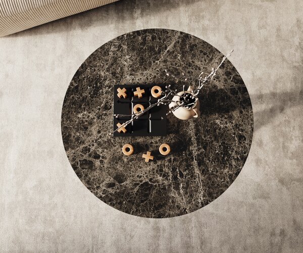 DELIFE Dohányzóasztal Edge kerek 90x90 cm Laminam® Emperador extra fényes sötétbarna rozsdamentes acél szálcsiszolt