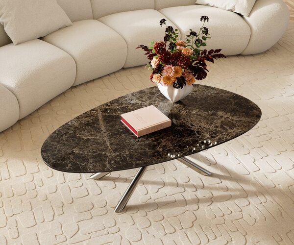 DELIFE Dohányzóasztal Edge ovális 140x75 cm kerámia Laminam® Emperador Extra Lucidato sötétbarna Sarity rozsdamentes acél szálcsiszolt