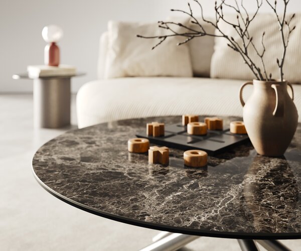 DELIFE Dohányzóasztal Edge kerek 90x90 cm Laminam® Emperador extra fényes sötétbarna rozsdamentes acél szálcsiszolt