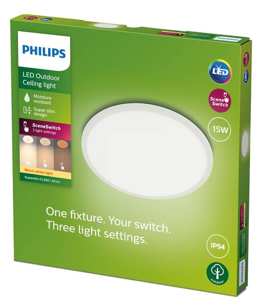 Philips SuperSlim LED IP54 Ø 25cm 2,700K fehér, dimmelhető, Fehér / opál, fém