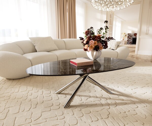 DELIFE Dohányzóasztal Edge ovális 140x75 cm kerámia Laminam® Emperador Extra Lucidato sötétbarna Sarity rozsdamentes acél szálcsiszolt