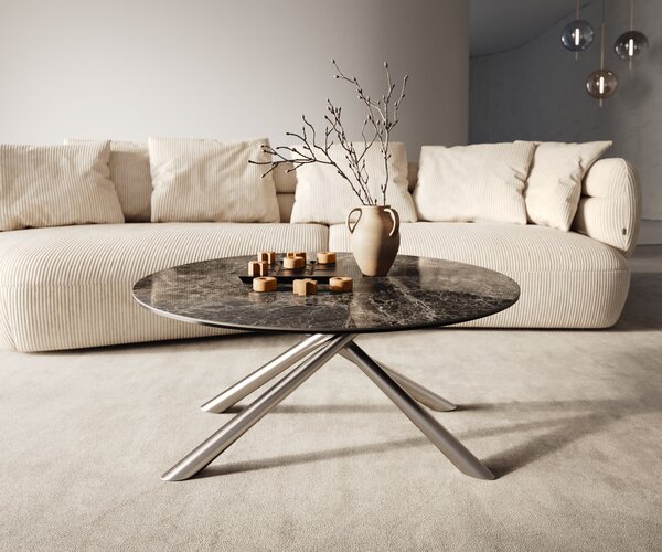 DELIFE Dohányzóasztal Edge kerek 90x90 cm Laminam® Emperador extra fényes sötétbarna rozsdamentes acél szálcsiszolt