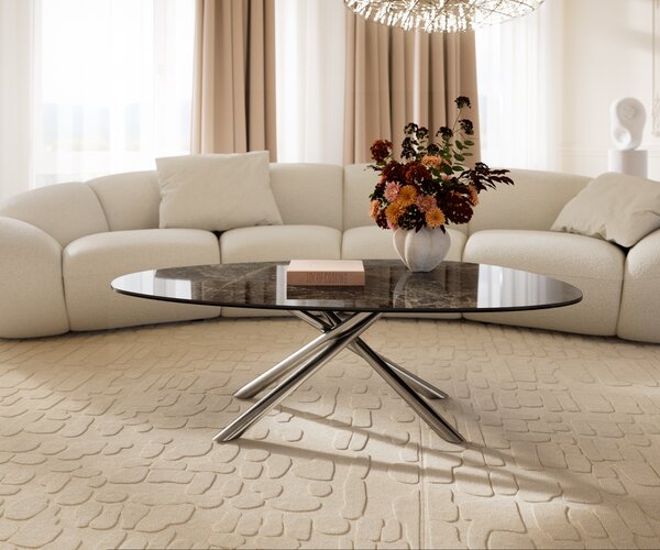 DELIFE Dohányzóasztal Edge ovális 140x75 cm kerámia Laminam® Emperador Extra Lucidato sötétbarna Sarity rozsdamentes acél szálcsiszolt