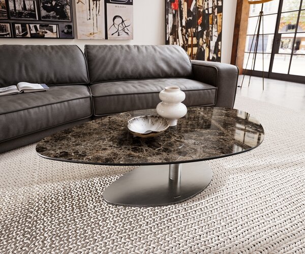 DELIFE Dohányzóasztal Edge organikus 140x76 cm Laminam® Emperador kerámia extra polírozott sötétbarna Vibany rozsdamentes acél szálcsiszolt