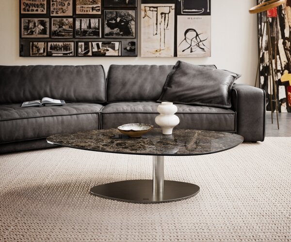 DELIFE Dohányzóasztal Edge organikus 140x76 cm Laminam® Emperador kerámia extra polírozott sötétbarna Vibany rozsdamentes acél szálcsiszolt