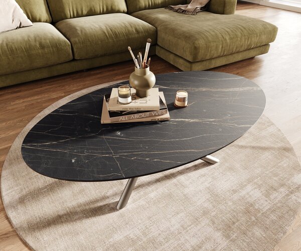 DELIFE Dohányzóasztal Edge ovális 140x80 cm Laminam® kerámia Noir Desir barna szálcsiszolt rozsdamentes acél