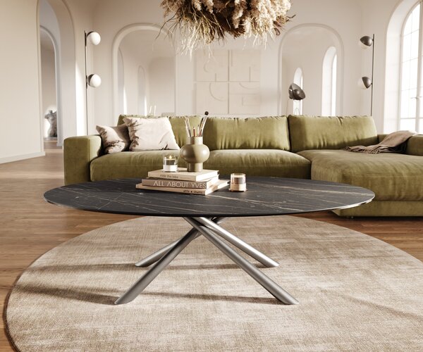 DELIFE Dohányzóasztal Edge ovális 140x80 cm Laminam® kerámia Noir Desir barna szálcsiszolt rozsdamentes acél