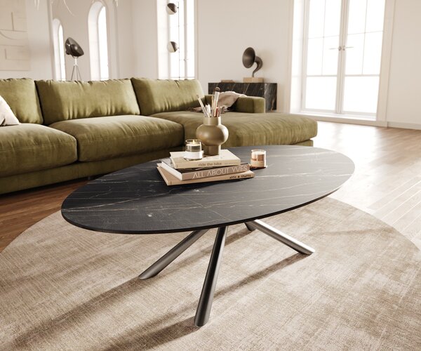 DELIFE Dohányzóasztal Edge ovális 140x80 cm Laminam® kerámia Noir Desir barna szálcsiszolt rozsdamentes acél