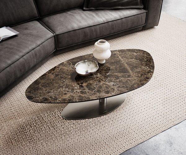 DELIFE Dohányzóasztal Edge organikus 140x76 cm Laminam® Emperador kerámia extra polírozott sötétbarna Vibany rozsdamentes acél szálcsiszolt