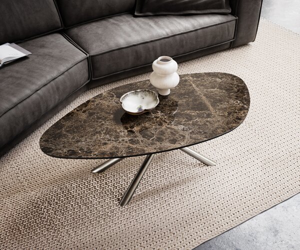 DELIFE Dohányzóasztal Edge organikus 140x76 cm Laminam® Emperador kerámia extra polírozott sötétbarna Sarity rozsdamentes acél szálcsiszolt