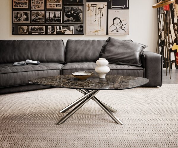 DELIFE Dohányzóasztal Edge organikus 140x76 cm Laminam® Emperador kerámia extra polírozott sötétbarna Sarity rozsdamentes acél szálcsiszolt