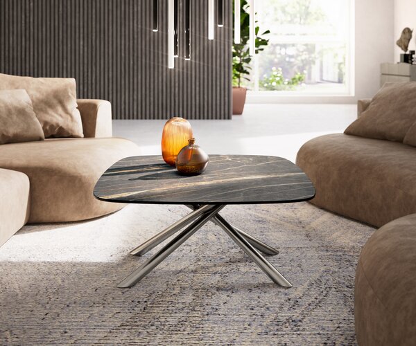 DELIFE Dohányzóasztal Edge hajóformájú 90x90 cm Laminam® kerámia Noir Desir barna Sarity szálcsiszolt rozsdamentes acél