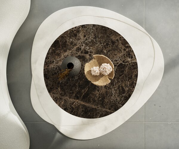 DELIFE Dohányzóasztal Edge kerek 100x100 cm Laminam® Emperador Extra Lucidato kerámia sötétbarna kúpos fém fekete