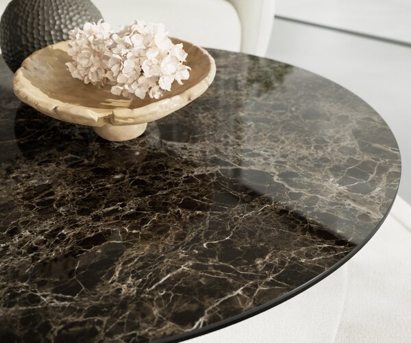 DELIFE Dohányzóasztal Edge kerek 100x100 cm Laminam® Emperador Extra Lucidato kerámia sötétbarna kúpos fém fekete