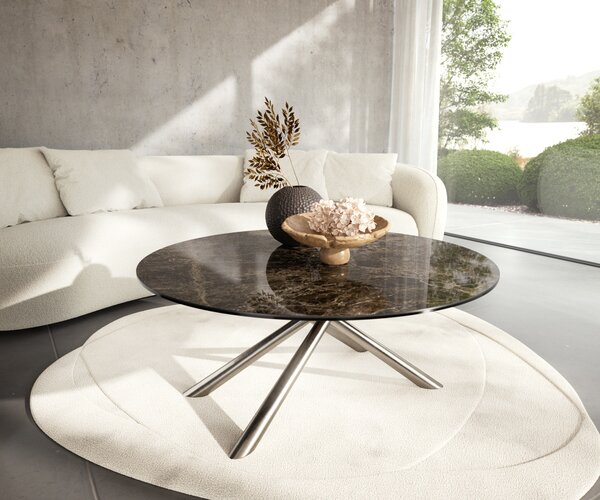 DELIFE Dohányzóasztal Edge kerek 100x100 cm Laminam® Emperador Extra Lucidato sötétbarna Sarity rozsdamentes acél szálcsiszolt